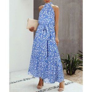 Sleeveless Halter Floral Print Dresses Sky Blue